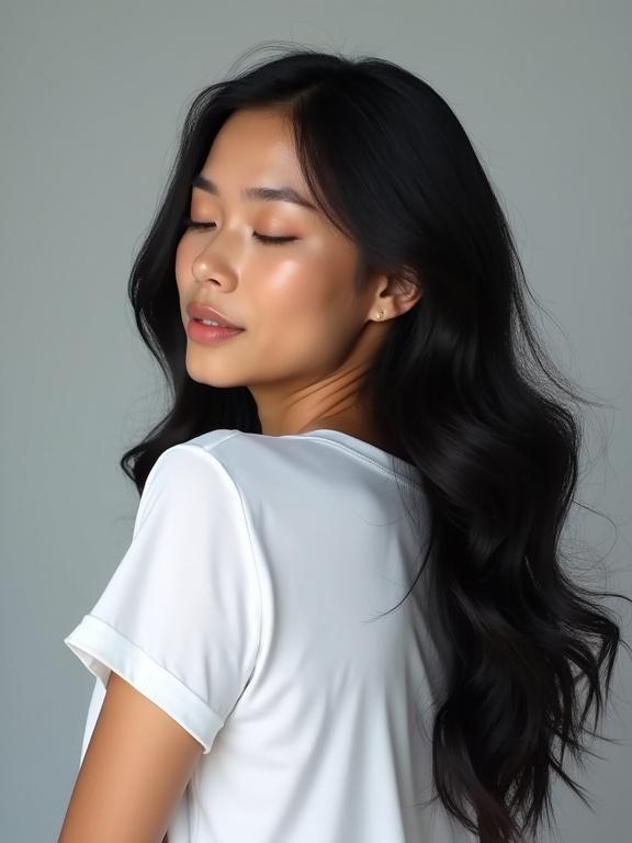 Professional studio back view photo of a woman model with almond skin and long wavy hair. She wears a minimalistic white t-shirt. Light gray studio background. The model's head is turned left with half-closed eyes.