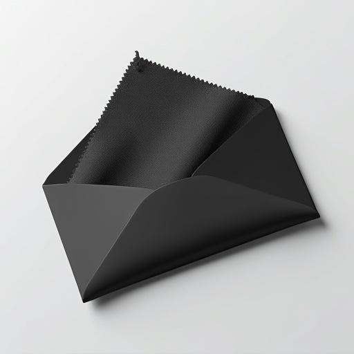 High-resolution product mockup. Microfiber cleaning cloth for eyewear neatly folded in a black envelope-style sleeve. Dark-colored cloth displayed. Sleeve matte finish with shadows. Light background for contrast. Soft lighting for texture.