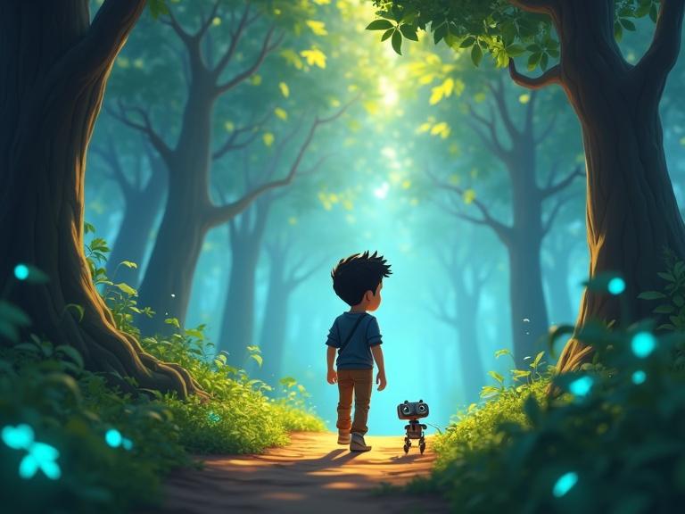 A cartoon boy wearing a dark blue shirt and brown pants walks through a magical digital forest. Trees emit glowing data streams. The ground lights up beneath his feet. A small flying robot companion hovers nearby to show him the path. Morning light shines through digital leaves.