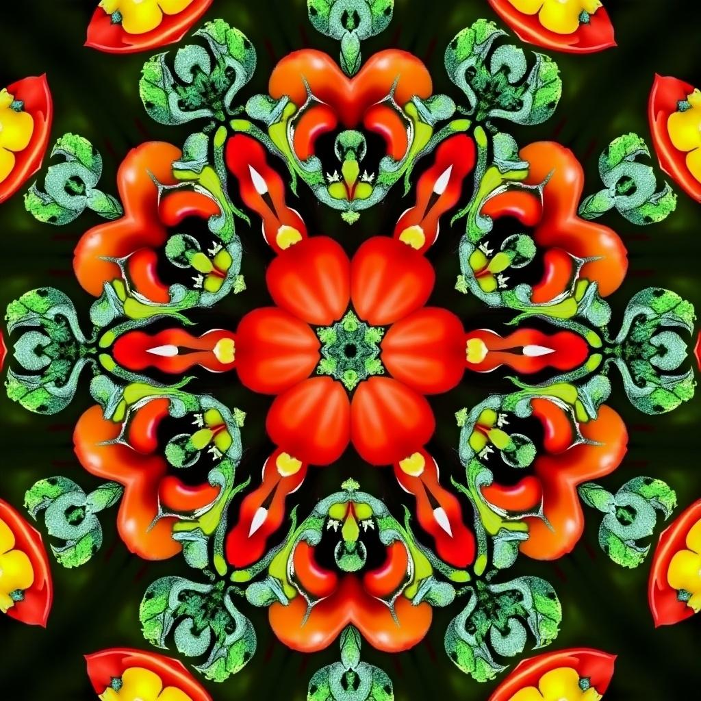 Colorful vegetables arranged in a kaleidoscope on a bright green background. Striking designs and vibrant colors swirl together. Central floral-like arrangement with radiating shapes. Deep black background enhances color brightness. Kaleidoscope evokes wonder and creativity.
