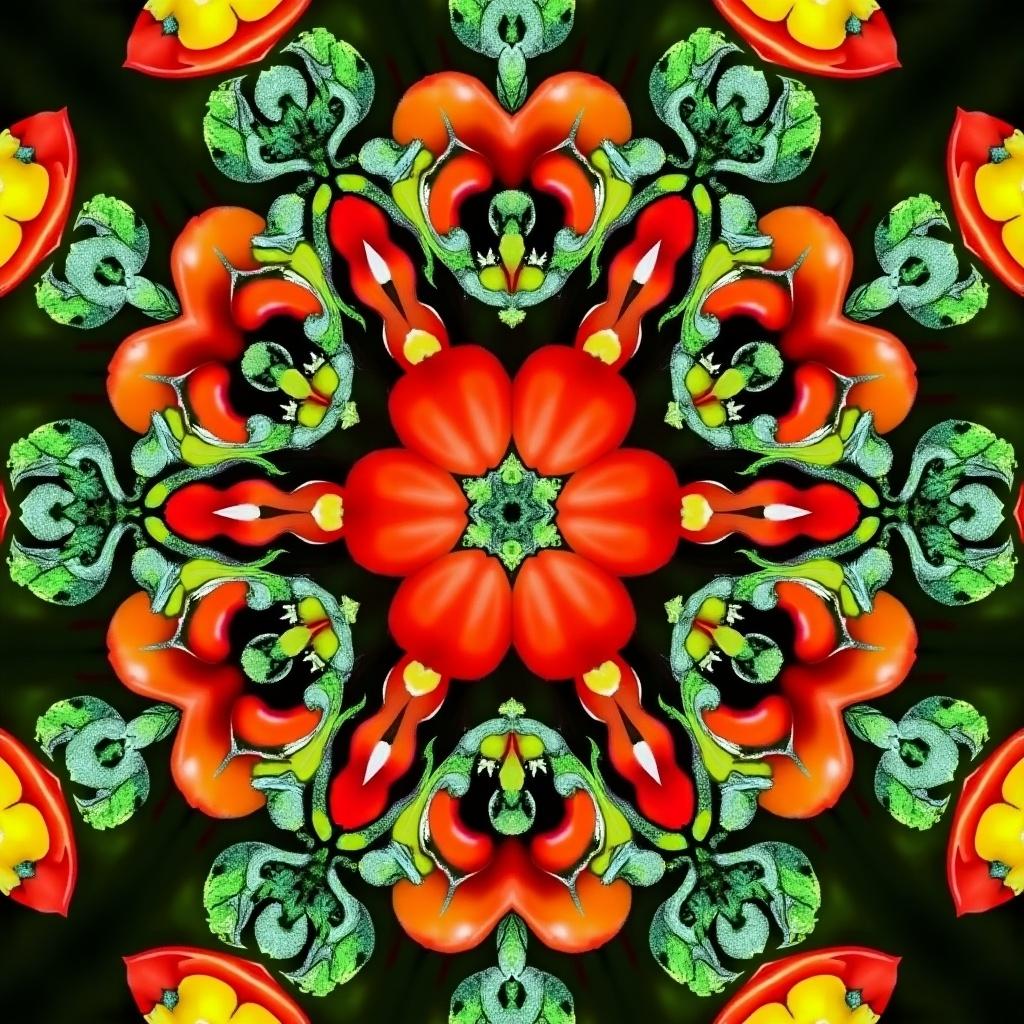 Colorful vegetables arranged in a kaleidoscope on a bright green background. Striking designs and vibrant colors swirl together. Central floral-like arrangement with radiating shapes. Deep black background enhances color brightness. Kaleidoscope evokes wonder and creativity.