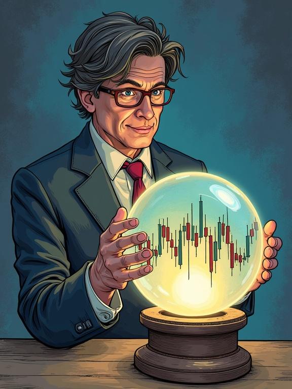 Illustration of a person with a crystal ball predicting the stock market. A candlestick chart is visible inside the crystal ball. Suit and glasses worn by the individual.