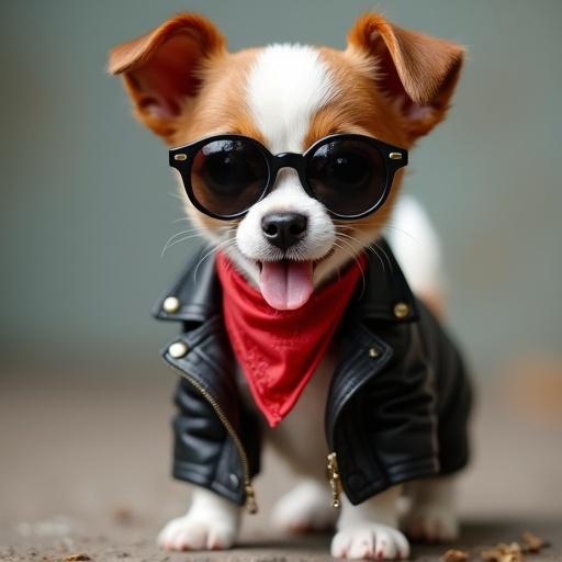 A Jack Russell Terrier puppy 3-5 months old in a black biker jacket and round sunglasses. Smooth white-and-brown coat shines. Tongue lolls playfully. Ears twitch with excitement. Oversized dark eyes sparkle. Loose red bandana around neck. Confident tail sticking up. Expressive eyebrows wiggle.