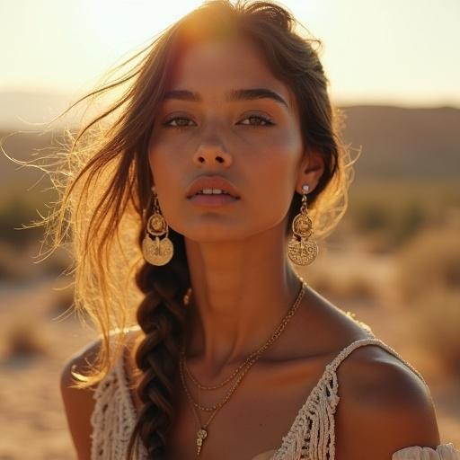 Bohemian beauty with fishtail braids and layered coin earrings. The person is in a desert oasis under sunlight. Desert landscape with soft focus in background. Braids elegantly arranged. Coins in earrings sparkle in sunlight.