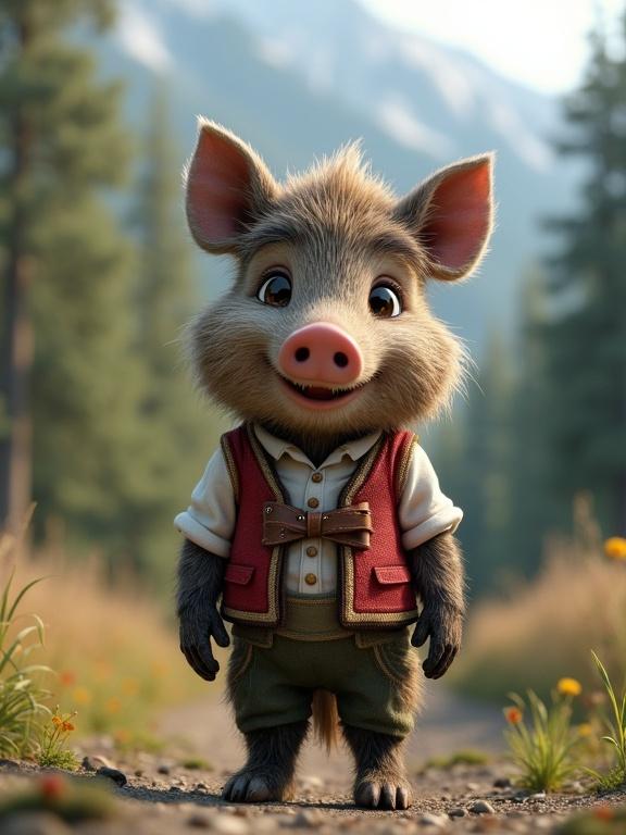 Ultra realistic 3D render of a cute baby wild boar dressed in traditional Bavarian outfit standing upright and smiling in a mountainous Bavarian forest