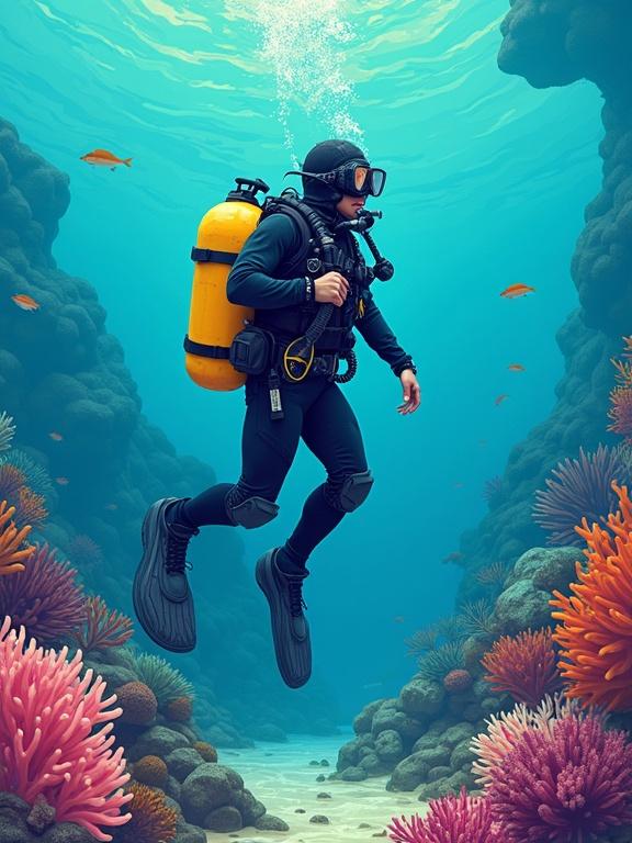 Scuba diver in an underwater scene wearing full diving gear, colorful scuba tank. Surrounded by coral reef. Blends the vibrant colors of Ian McQue with whimsical illustrations of Lois van Baarle and detailed textures of Simon Stalenhag.