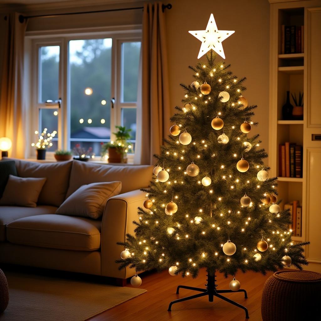 Cozy living room features a beautifully decorated Christmas tree. The tree adorned with small white and larger gold ornaments. Twinkling lights are present, topped with a big lighted white star.