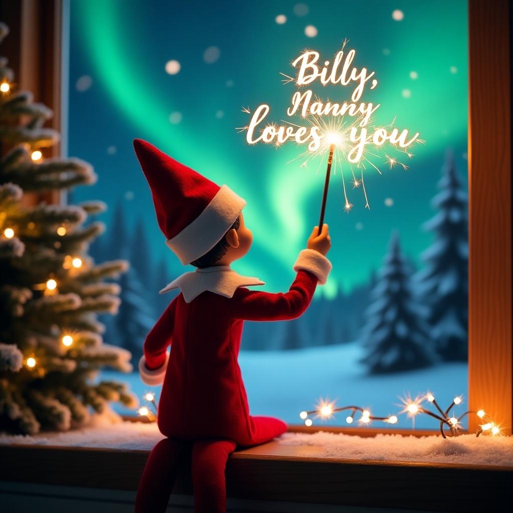 An elf on the shelf with magic wand writes in sparkler script. The elf has a red and white outfit. Bright northern lights illuminate the backdrop. A festive and whimsical Christmas atmosphere is present. Scene evokes wonder and excitement.