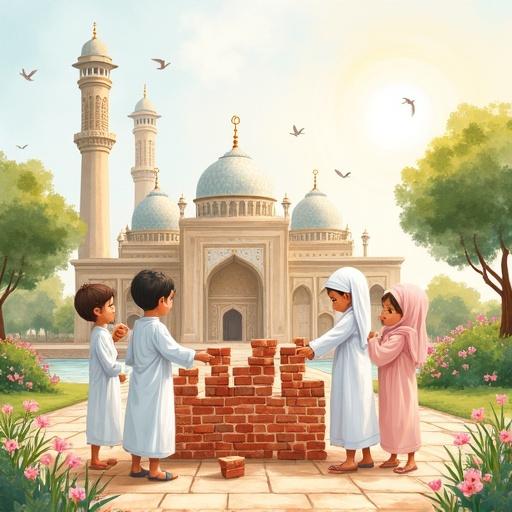 Watercolor illustration of children engaged in a summer activity. The scene shows children in modest Islamic clothing building a structure with bricks. Background features Islamic architecture with domes and arches among nature. Bright and colorful with no adults present. Space for Arabic text overlay.