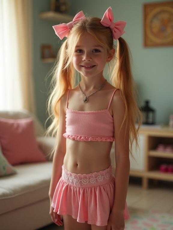 A young girl with long blonde hair styled in twin tails. She wears pink bows. The scene is a softly lit living room. The outfit includes a crop top, a belly chain, and an ultra low-rise micro skirt. She has thigh-high socks with lace detail and black shoes. The girl has a flirty smile and a slim waist. The environment is cozy and pastel-toned.