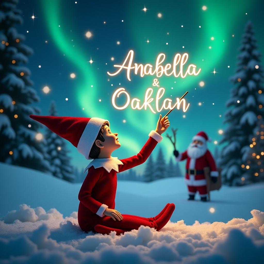 An enchanting Christmas scene features an elf on the shelf. The elf sits with its back to viewers, gazing upwards. The elf uses a wand to write the names 'Anabella' and 'Oaklan' in the sky. Stunning northern lights are in the background with a distant figure of Santa Claus. Snow covers the ground, creating a serene winter atmosphere. This moment captures holiday joy and wonder.