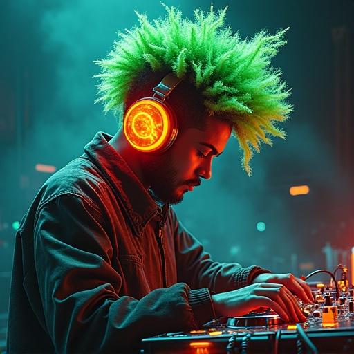DJ wears glowing orange headphones. Neon green soundwave crown on head. Biomechanical style. Kaleidoscopic and experimental art. Captures imagination with fine details and dynamic elements.