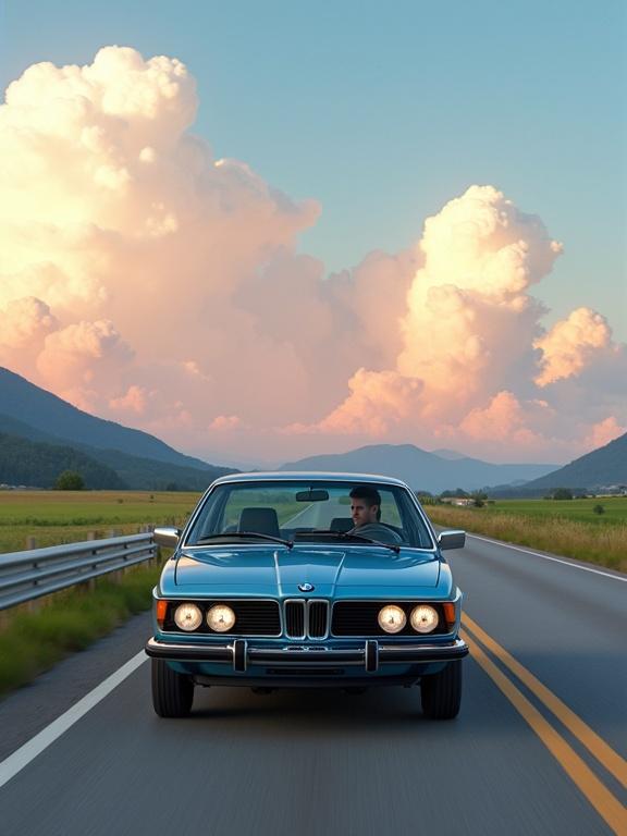 Classic BMW E24 6 Series in sky blue driving on countryside road. Smooth road with green fields on both sides. Distant mountains in background, fluffy clouds in pink and white sky. Car in pristine condition with classic design details. Lone driver visible in the car. Late afternoon lighting with warm highlights, creating nostalgic cinematic vibe.