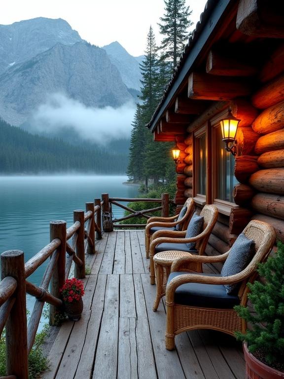 Rustic log cabin on a lakeside patio. Surrounded by misty mountains and evergreen trees. Warm lighting from lanterns creating an inviting atmosphere. Wicker chairs with charcoal cushions on a natural wood deck. Crystal-clear water reflecting the landscape. Peaceful and tranquil scene.