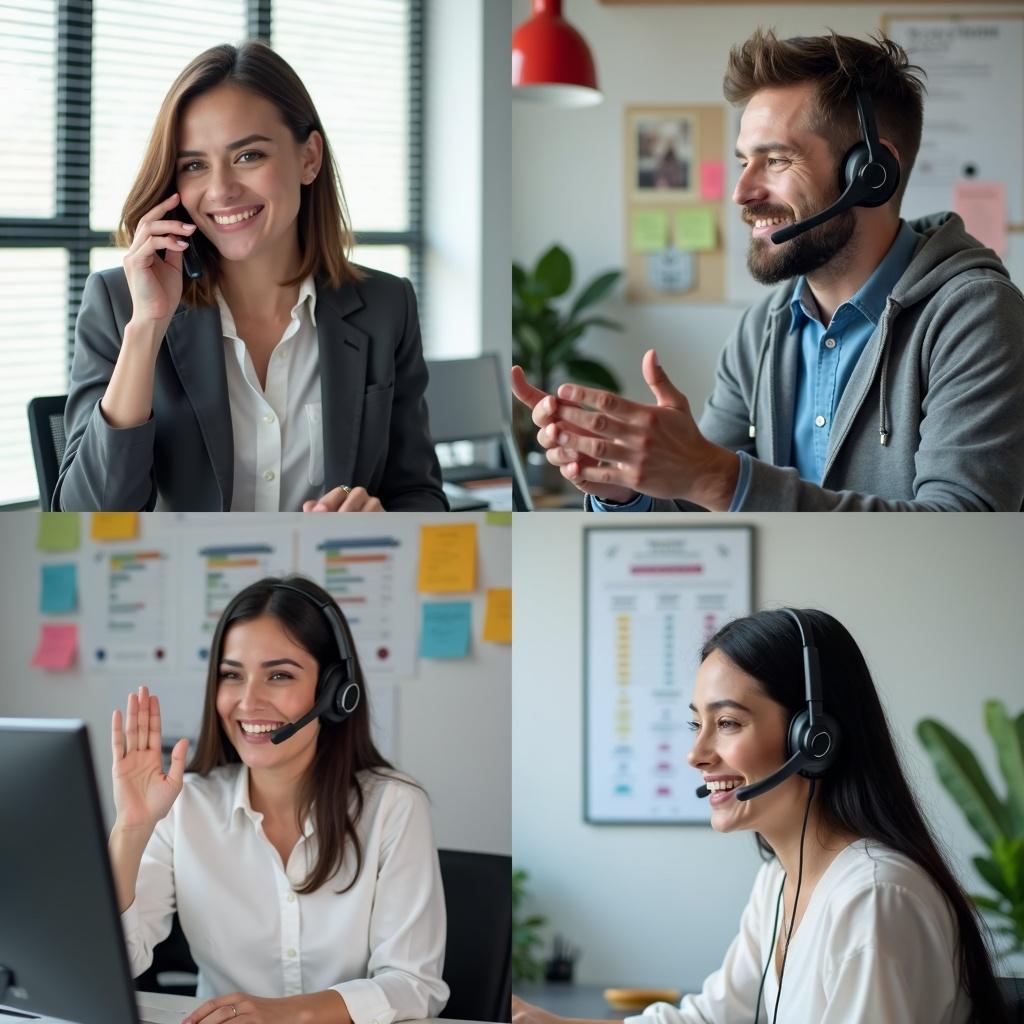 Dynamic office environment with four individuals collaborating. The top left quadrant features a woman in a gray blazer using a headset. The upper right shows a man in a hoodie focused on his computer. The bottom left displays the same woman smiling and gesturing while talking. The bottom right reveals another woman in a white blouse waving and laughing. The atmosphere is bright and supportive with a blend of technology and teamwork.