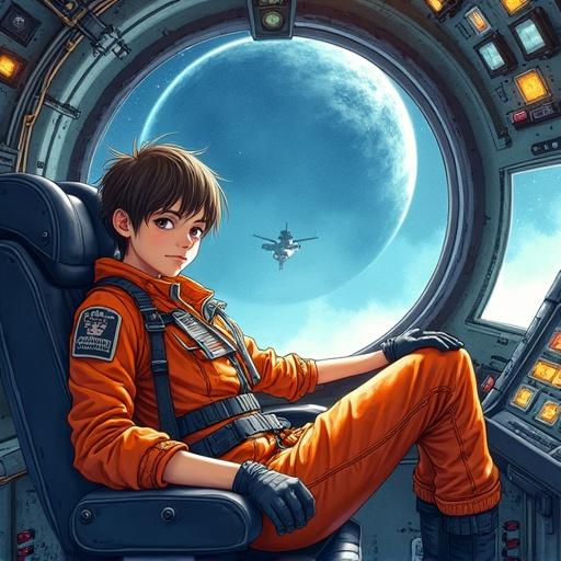 Watercolor illustration of a young female pilot in a relaxed position in a spaceship cockpit. Casual futuristic flight attire with gloves and utility pants. She has a messy haircut and looks tired yet cool. Neon lights reflect on her gear. A large orbiting space station and giant planet are visible outside. The interior is gritty with wires and tools. Retro-futuristic cinematic style with vibrant colors and soft brushwork.