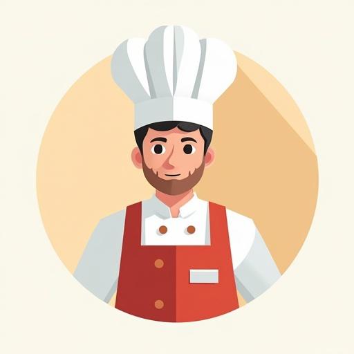Web icon of a chef with a chef hat. Flat design style similar to Duolingo. Single colored background. Friendly and approachable appearance.