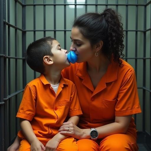 Mother and son sitting in a jail cell. Both wear orange jumpsuits. Child has a large blue pacifier. Mother playfully explaining prison behavior rules. Warm interaction between mother and child.