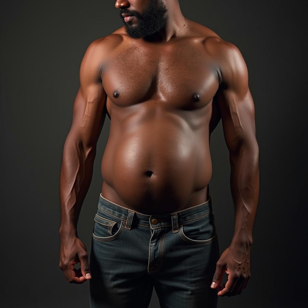 Photograph of a Black man standing confidently. He has a round beer belly. The focus is on his upper body. He wears blue jeans. Soft lighting creates a dramatic effect.