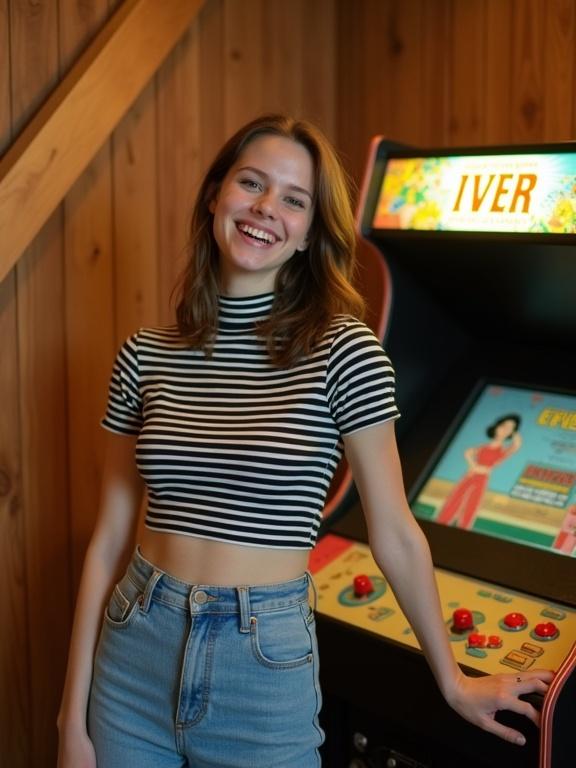 Photograph captures a young woman indoors with vintage arcade machine. She has light skin and straight brown hair. Wearing a black and white striped crop top and high-waisted blue jeans. Right hand on hip and left arm resting on arcade machine. Colorful poster on arcade machine displays word IVER with character in red and white outfit. Wooden walls provide background with warm lighting creating inviting atmosphere.