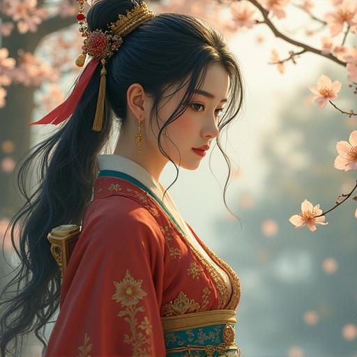 A general commanding during Japan's Sengoku period. The character wears traditional attire, surrounded by blooming cherry blossoms.