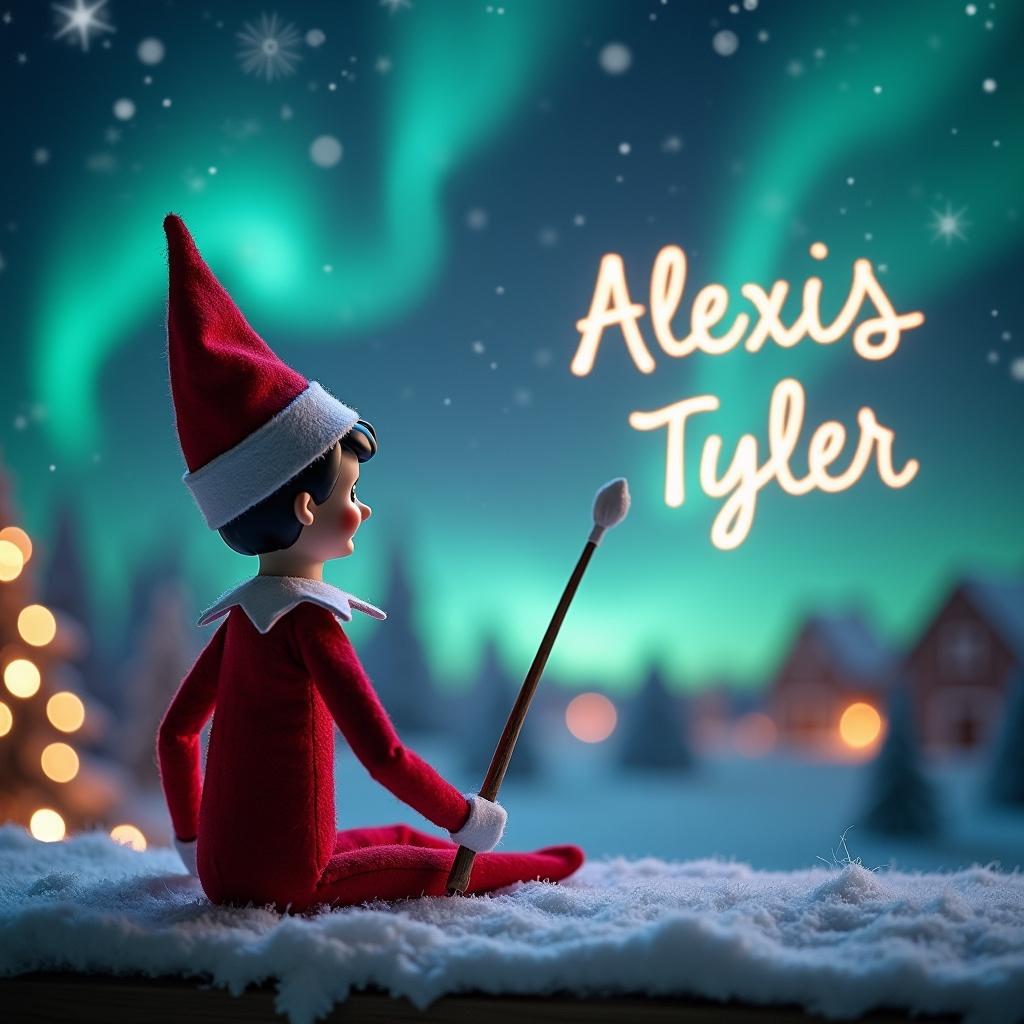 This image features an enchanting Christmas scene. In the foreground, an elf dressed in a red outfit is turned away, gazing at the sky. The elf holds a wand, appearing to write names in the sky. The backdrop showcases a stunning display of northern lights, radiating beautiful colors. Soft glowing Christmas lights illuminate the setting, adding to the holiday charm. The names 'Alexis' and 'Tyler' are elegantly depicted in the sky, enhancing the magical atmosphere.