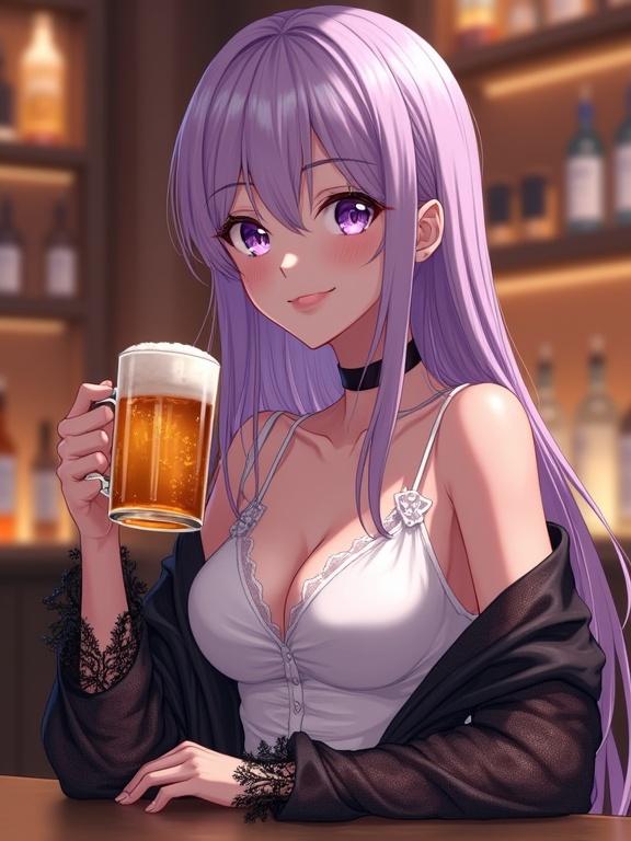 Beautiful anime-style adult woman at a bar. Long light purple hair, glossy purple eyes. Wearing a revealing white dress and sheer black lace robe. Holding a glass of beer with a seductive smile. Warm lighting, bottles in the background. High-detail, soft light and shadow, slightly sensual mood.