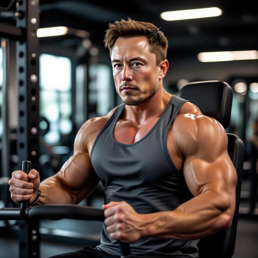 Person exhibiting extreme muscularity while using preacher curl machine in a gym. Tight-fitting tank top accentuates arm muscles and veins. Modern gym environment with intense lighting. Appears focused and athletic. Realistic portrayal in a fitness photoshoot context.