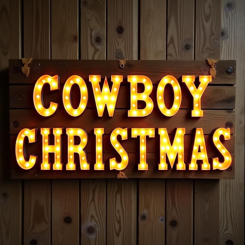 Rustic marquee-style sign displays the words Cowboy Christmas. The letters are designed as lightbulbs with a warm golden hue. The backdrop features a wood texture.