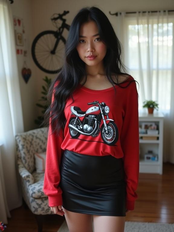 Eighteen-year-old wearing red shirt with motorcycle print and black mini skirt inside a room with bicycle on wall