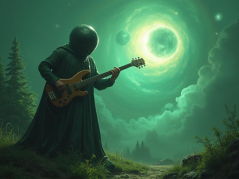 An extraterrestrial being plays a bass guitar in a scenic environment. The setting features vibrant greenery and a majestic nebula in the background. The scene is illuminated with bright, surreal colors.