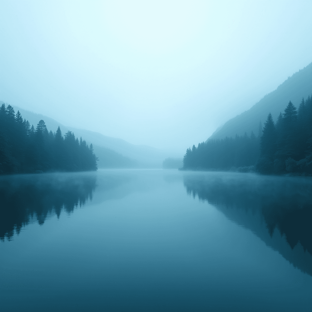 A serene lake surrounded by fog-covered forests and mountains.