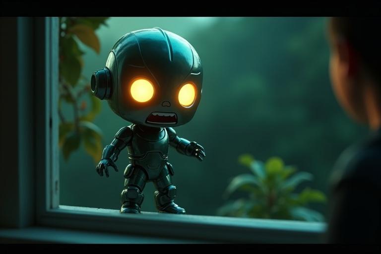 A dramatic animated scene shows a toy named Zumo with a metallic outfit and glowing eyes falling from a window. Zumo exhibits a shocked expression. A toy resembling Superman named Sparky looks on from the window with guilt. The setting features a dark garden with shadowy elements, presented in dark daylight colors like greens and blues.