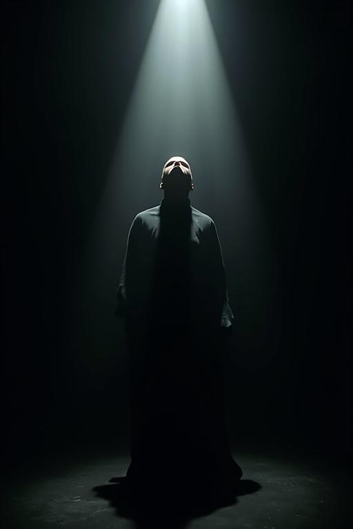 Figure in black clothes stands under a beam of light in a dark background. The atmosphere feels dramatic and artistic.