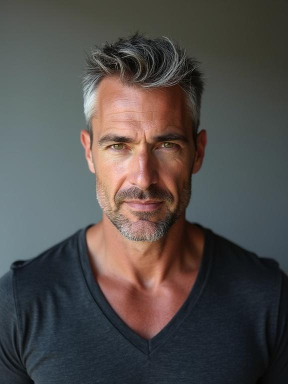 Mature man with sharp facial features short gray hair intense green eyes gazing into camera wearing fitted dark gray V-neck shirt minimalist studio background smooth gradient gray wall