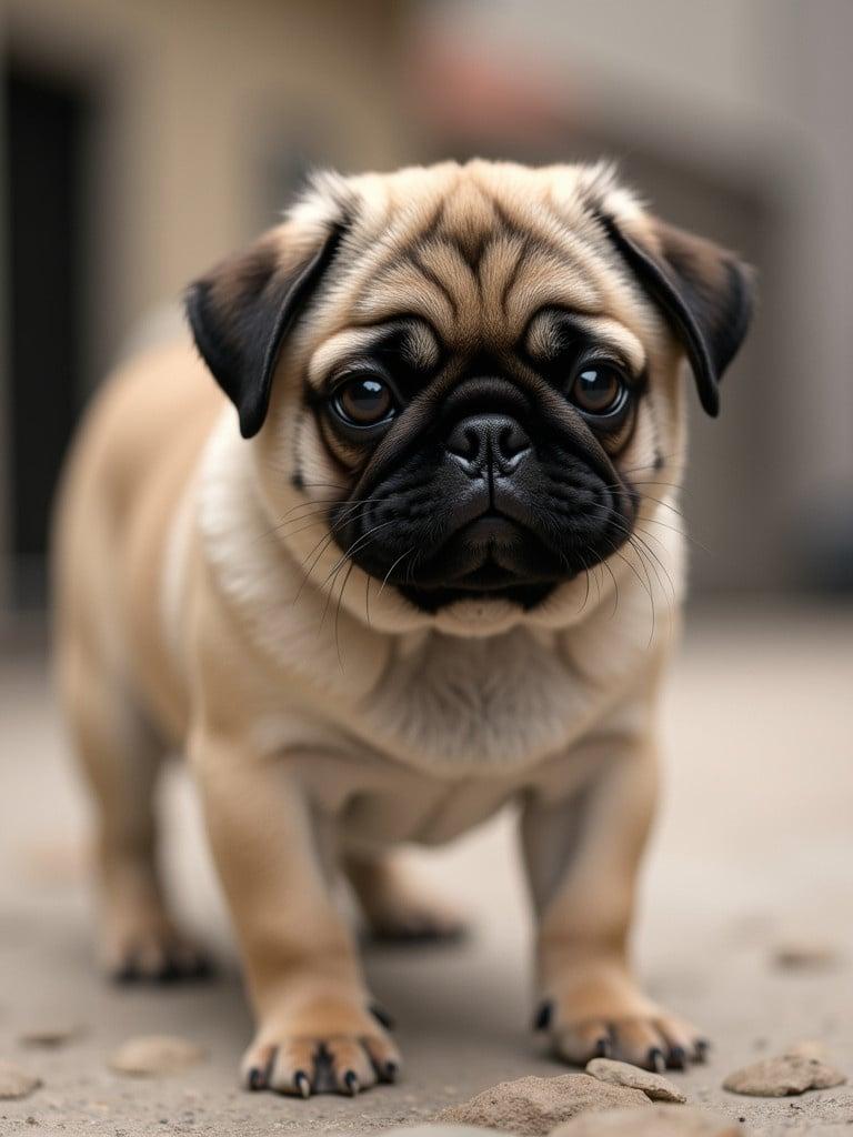 Pug dog standing on a textured surface. Close-up perspective shows its body features without a face.