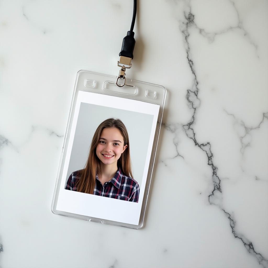 Realistic student ID card on a marble surface. Features a young person's portrait. Designed for university use.