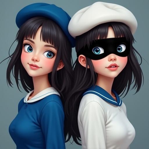 Two young women stand side by side. One wears a blue T-shirt with a white collar and a blue mini skirt. The other wears a white T-shirt with a blue collar and a white mini skirt. Both have dark hair, blue eyes, and wear a Zorro style black eye mask. They express surprise and excitement.