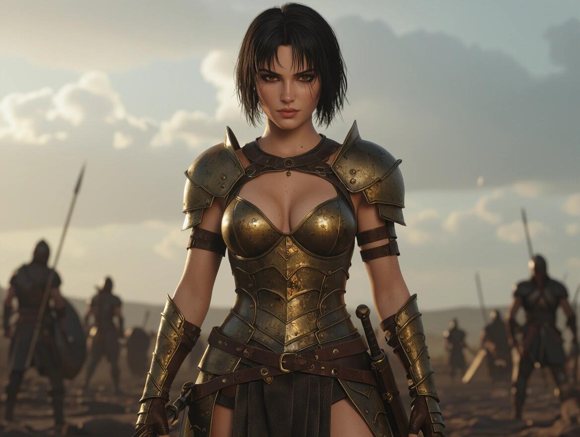A hyper-realistic portrait of a fierce female warrior. Wearing medieval armor made of bronze and leather. Armor has subtle curves and is slightly revealing. Short black hair and serious expression. Standing on a dramatic battlefield. Holding a sword. Cinematic details with subtle dirt on armor. Confidence and strength are evident.