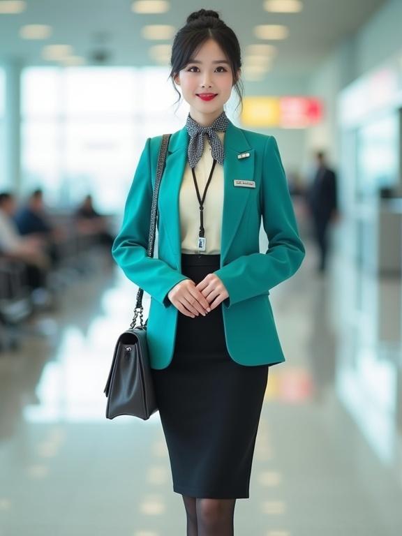 Body fully in frame showing a friendly East Asian woman in a turquoise blazer and black pencil skirt uniform in an airport terminal. Her hair is in a bun and she has a light makeup smile. A silver name tag and dark-grey scarf complete her look.