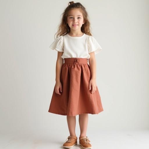 Young girl poses in a stylish outfit featuring a white top and brown skirt. Full body view from the front.