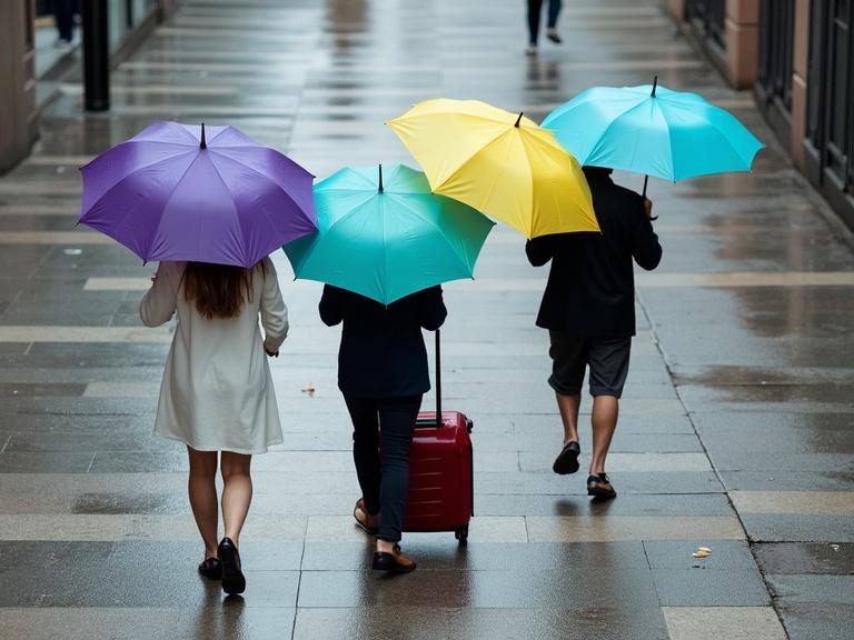 Photograph of three people walking on wet tiled pavement. Overcast weather with umbrellas. Purple umbrella on the left, turquoise in the middle, yellow on the right. One person wearing a white dress, another with a dark jacket pulling a red suitcase, the last in a dark jacket. Blurred reflections and people in the background. Casual clothing on a rainy day.