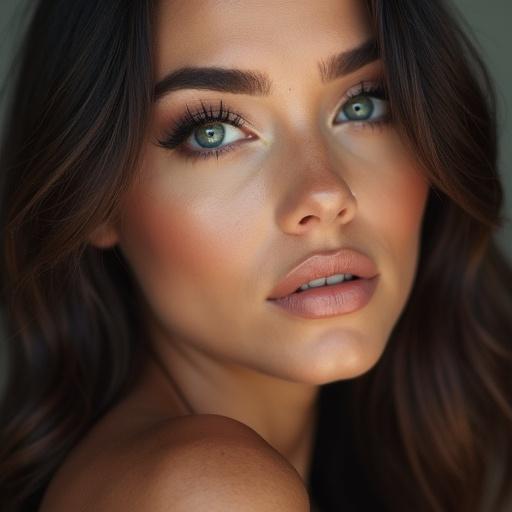A close-up portrait of a woman showcasing her beauty and heavy makeup. Emphasis on her striking features and vibrant eyes. Soft lighting enhances her looks.