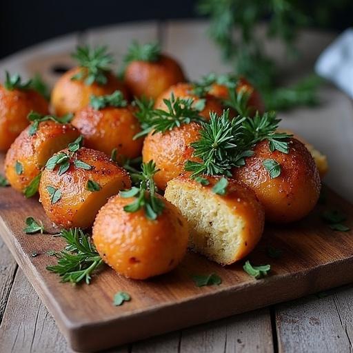 Arrangement of round, fluffy snacks on a wooden board. Topped with fresh herbs and set in natural light. Demonstrates appealing culinary presentation.