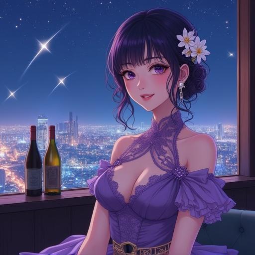 Beautiful woman from Japan styled in dark violet hair. Sophisticated updo with white flowers and pearl earrings. Gentle smile gazes at viewer. Wearing purple gown with lace and keyhole neckline, large golden belt highlights waist. Three-quarter view in a retro lounge with city lights and shooting stars. Soft lighting enhances elegance.