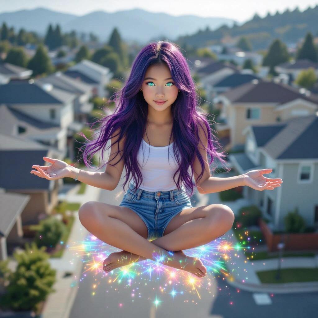 Young girl floats midair above a suburban neighborhood. She has long dyed purple hair and turquoise eyes. Body and feet are off the ground. Hands outstretched, shining with rainbow light.