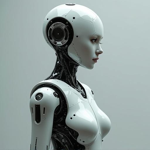 Robot girl inspired by Ex Machina. Full body view showing sleek design and skin-like exterior.