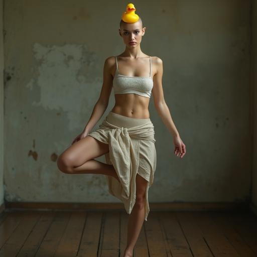 Portrait of a bald athletic woman balancing on one leg. She has light skin and intense eyes. Wearing damp beige linen cloth, a yellow rubber duck on her head. Background features a worn concrete wall and wooden floor.