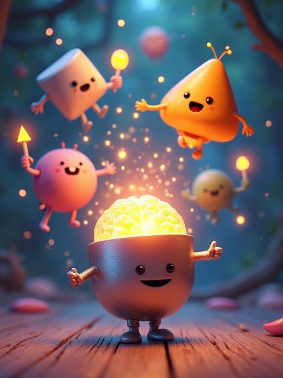 Vertical 3D cartoon poster in a child's body inside a glowing fantasy world. Soft organic playful scene inspired by Inside Out. Cartoon vitamin characters shaped as geometric forms: metallic cube for Calcium, glowing orb for Vitamin D, solid triangle for Iron, bright pyramid for Vitamin A. Each with glowing wands. Around them are weak cartoon cell-creatures. Cells glow and transform into strong characters after vitamin magic. Warm soft lighting and colorful atmosphere.