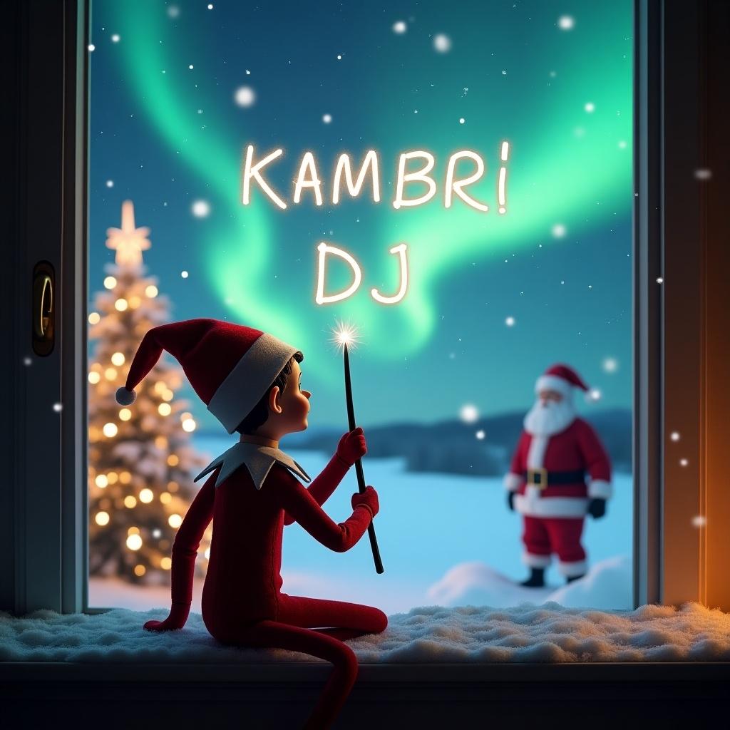 An enchanting Christmas scene features an elf on the shelf with his back to the viewer, gazing up at a magical sky. The elf is using a wand to elegantly write the names 'Kambri' and 'DJ’ in the air. In the background, the landscape is illuminated by beautiful northern lights and adorned with a Christmas tree sparkling with lights. Santa Claus is visible in the distance, creating a whimsical and festive atmosphere. Snow gently covers the window ledge, adding to the cozy feel of the scene.